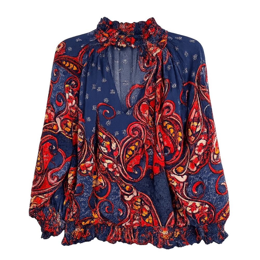 LASCANA Paisley Boho Blouse XL Smocked Neck Long Sleeve Blue Red Viscose Top